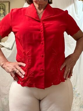 Red Short-Sleeve Button Front Women's Top